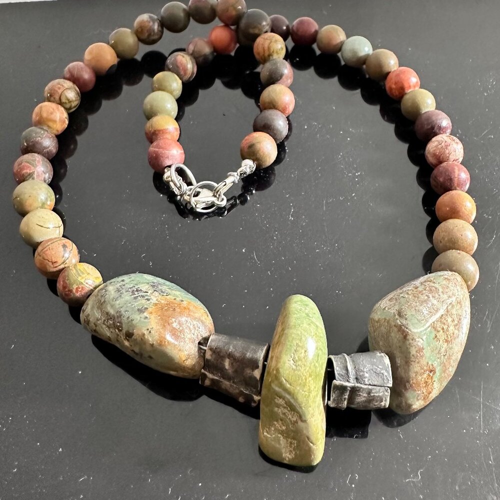 Crescent Valley Turquoise Choker Necklace Sterling Silver Picasso Jasper Boho